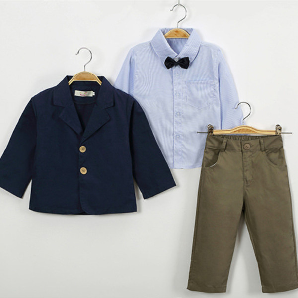 Boys 4-Piece Outfits Blue Long Sleeves Shirt Match Suits and Khaki Pant Dressy Up Clothes