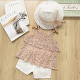 Girls Print Flowers Vest and White Hollow Out Shorts Two-Piece Outfit With Hat