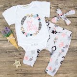 Baby Girl Print Slogans Short Sleeves Bodysuit and Leafs Pants Two Pieces Outfits with Hairband