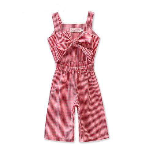 Girls Red Plaids Bowknot Cut Out Jumpsuits