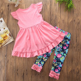 Girls Pink Ruffles Top and Print Flowers Pant Two-Piece Outfit