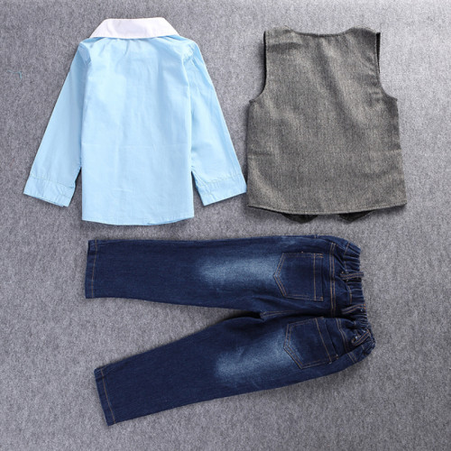 Boys 4-Piece Outfits Blue Long Sleeves Shirt Match Vest and Jeans Pant Dressy Up Clothes