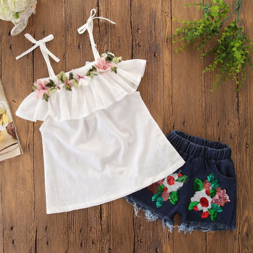 Girls Straps Flowers Lace Blouse and Sequin Jeans Shorts Two-Piece Outfit