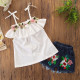 Girls Straps Flowers Lace Blouse and Sequin Jeans Shorts Two-Piece Outfit