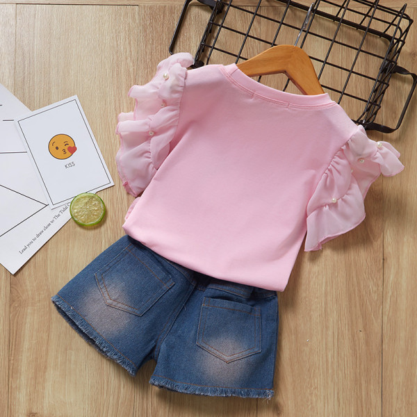 Girls Ruffles Pink T-shirt and Denim Hearts Shorts Two-Piece Outfit