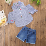 Girls Off The Shoulder Embroidery Blouse and Denim Shorts Two-Piece Outfit