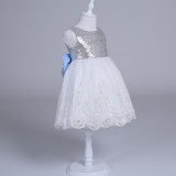 Girls Silver Sequins Tutu Bowknot Lace Sleeveless Princess Dress