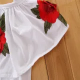 Girls Embroidery Rose Straps Ruffles Blouse and Flared Pant Two-Piece Outfit
