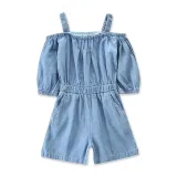 Girls Straps Short Sleeves Denim Jumpsuits