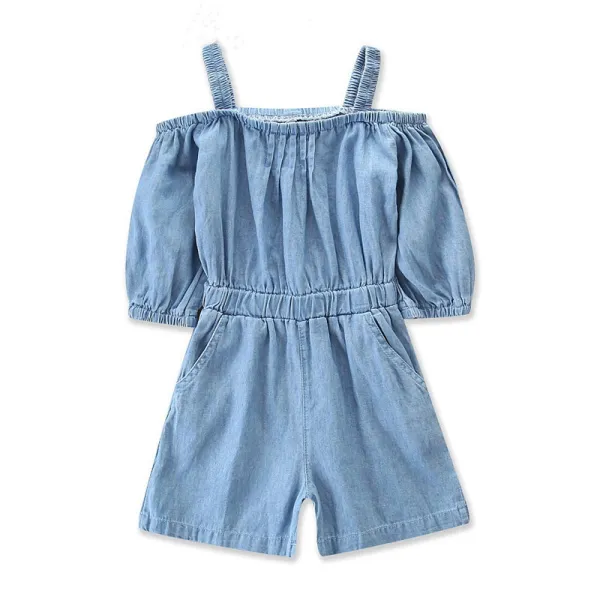 Girls Straps Short Sleeves Denim Jumpsuits