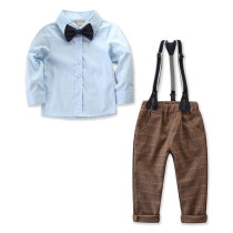 Boys 3-Piece Outfits Blue Long Sleeves Shirt and Plaids Suspender Pant Dressy Up Clothes