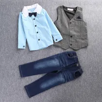 Boys 4-Piece Outfits Blue Long Sleeves Shirt Match Vest and Jeans Pant Dressy Up Clothes