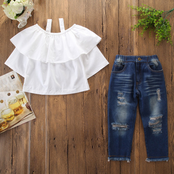 Girls Straps Ruffles Blouse and Ripped Jeans Two-Piece Outfit