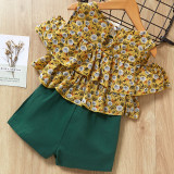 Girls Ruffles Cold-Shoulder Chiffon Blouse and Shorts Two-Piece Outfit