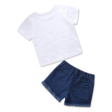 Girls White Slogan T-shirt and Ripped Jeans Shorts Two-Piece Outfit