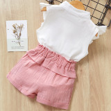 Girls Ruffles Embroidery Flowers Blouse and Pink Shorts Two-Piece Outfit