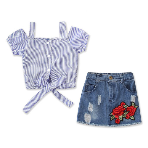 Girls Straps Stripes Blouse and Embroidery Rose Skirt Two-Piece Outfit