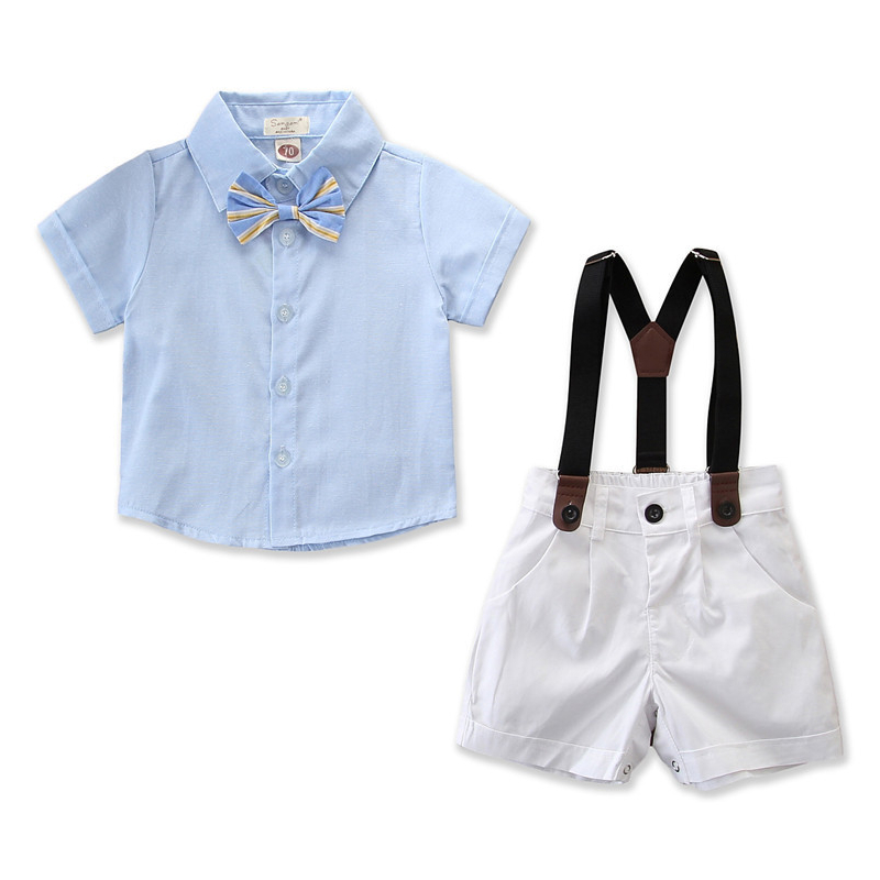 Boys 3-Piece Outfits Short Sleeves Shirt and Suspender Shorts Dressy Up Clothes