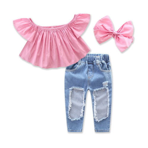Girls Pink Off The Shoulder Blouse and Ripped Denim Jeans Two-Piece Outfit