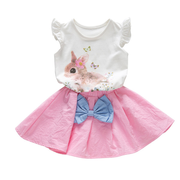 Girls Print Rabbit Ruffles Sleeves Blouse and Bowknot Skirt Two-Piece Outfit