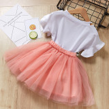 Girls Slogan Cut Out Blouse and Lace Flower Pearls Skirt Two-Piece Outfit