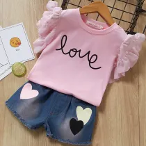 Girls Ruffles Pink T-shirt and Denim Hearts Shorts Two-Piece Outfit