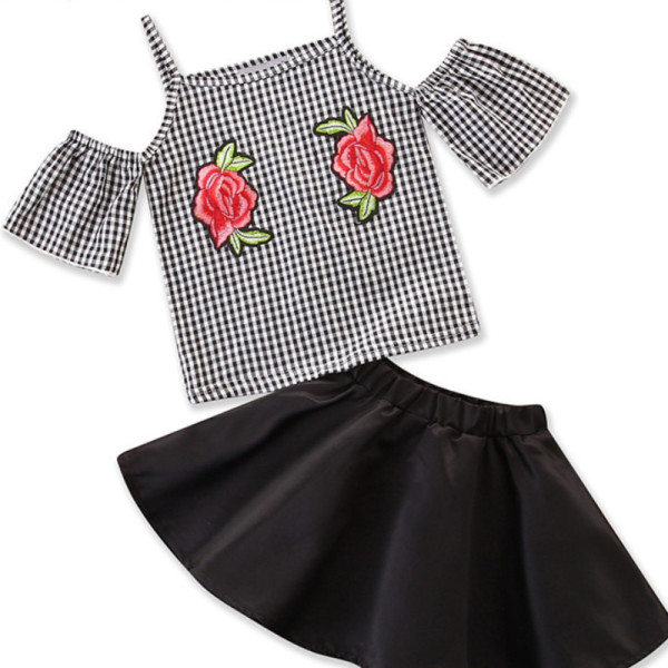 Girls Embroidery Flowers Straps Blouse and Skater Skirt Two-Piece Outfit