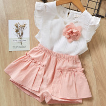 Girls Ruffles Sleeves Hollow Out Blouse and Pink Shorts Two-Piece Outfit