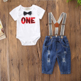 Baby Boy Print One Bodysuit and Overall Jeans Two Pieces Outfits