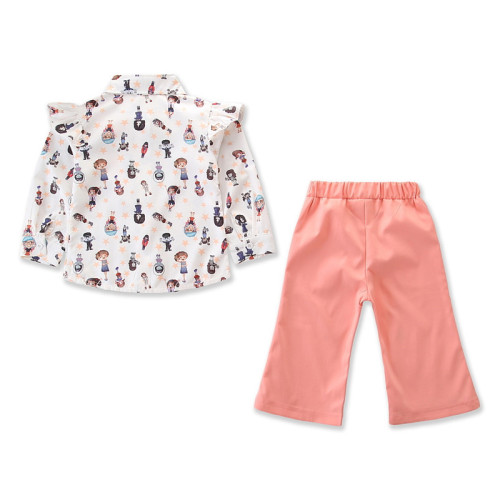 Girls Print Characters Ruffles Shirt and Pink Pant Two-Piece Outfit