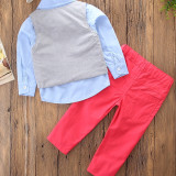 Boys 4-Piece Outfits Blue Long Sleeves Shirt Match Vest and Red Pant Dressy Up Clothes