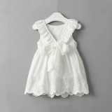 Girls White Hollow Out Ruffles Sleeves Backless Dress