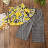Girls Print Yellow Flower Bell Sleeves Off The Shoulder Blouse and Plaids Pant Two-Piece Outfit
