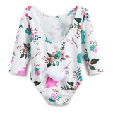 Baby Girl Print Flowers Long Sleeve Cotton Bodysuit With Rabbit Tail