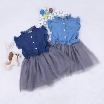 Girls Denim Ruffles Sleeveless Top Princess Tutu Dress