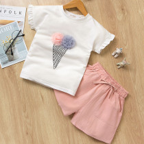 Girls Print Ice-cream Ruffles Sleeves T-shirt and Pink Shorts Two-Piece Outfit