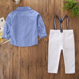 Boys 3-Piece Outfits Blue Long Sleeves Shirt and White Suspender Pant Dressy Up Clothes