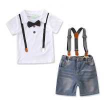 Boys 3-Piece Outfits White Suspender T-Shirt and Overalls Denim Shorts Dressy Up Clothes With Tie