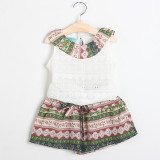 Girls Prints National Pattern Ruffles Hollow Out Blouse and Shorts Two-Piece Outfit