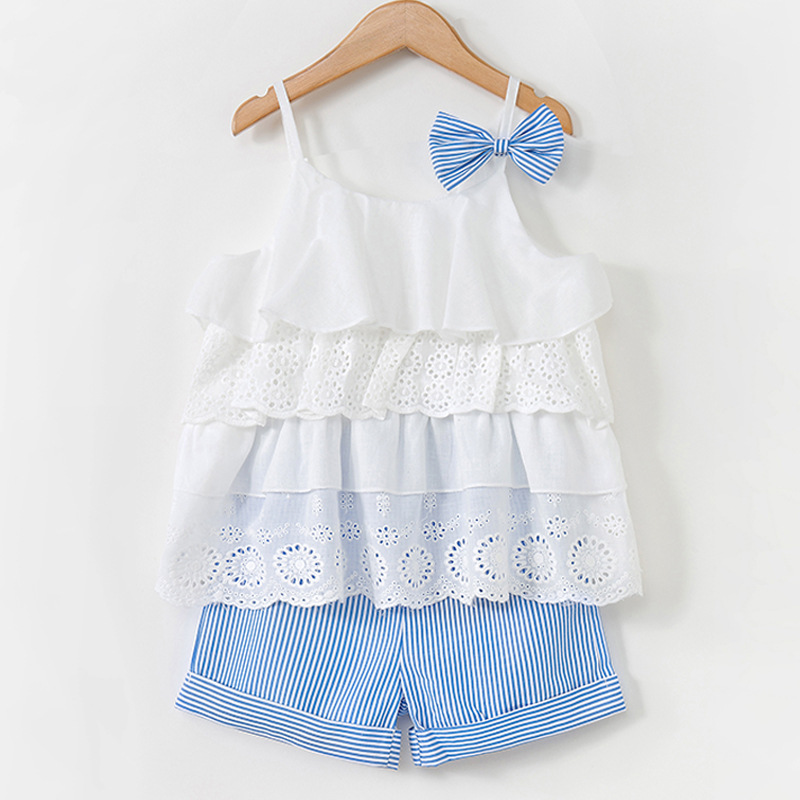 Girls Hollow Out Ruffles Vest and Stripes Shorts Two-Piece Outfit