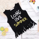 Girls Slogan Tassels Tank and Print Pineapples Pompom Shorts Two-Piece Outfit