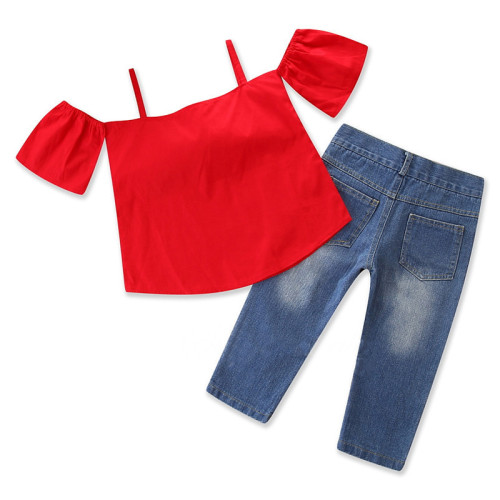 Girls Red Bowknot Straps Blouse Top and Embroidery Jeans Two-Piece Outfit
