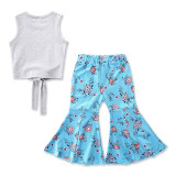 Girls Grey Paris Tank and Blue Flowers Pants Two-Piece Outfit