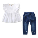 Girls White Ruffles Blouse and Pearls Denim Jeans Two-Piece Outfit