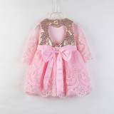 Girls Gold Sequins Pink Lace Princess Dress