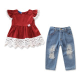 Girls Pompoms Lace Blouse and Ripped Denim Jeans Two-Piece Outfit