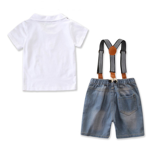 Boys 3-Piece Outfits White Suspender T-Shirt and Overalls Denim Shorts Dressy Up Clothes With Tie