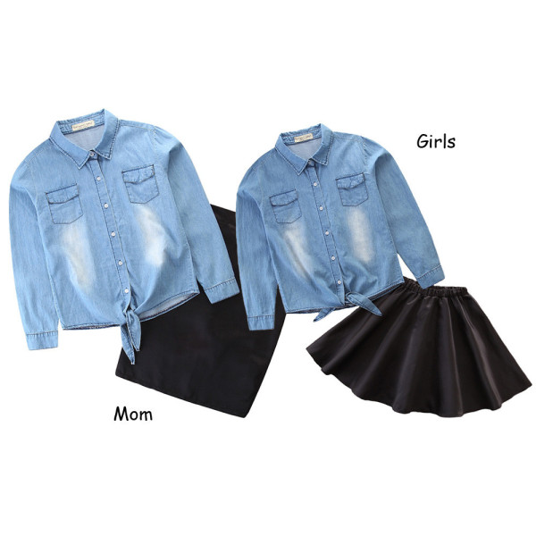 Mommy and Me Blue Denim Shirt and Black Skirt Two-piece Outfits
