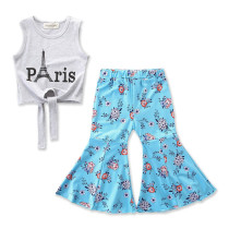 Girls Grey Paris Tank and Blue Flowers Pants Two-Piece Outfit