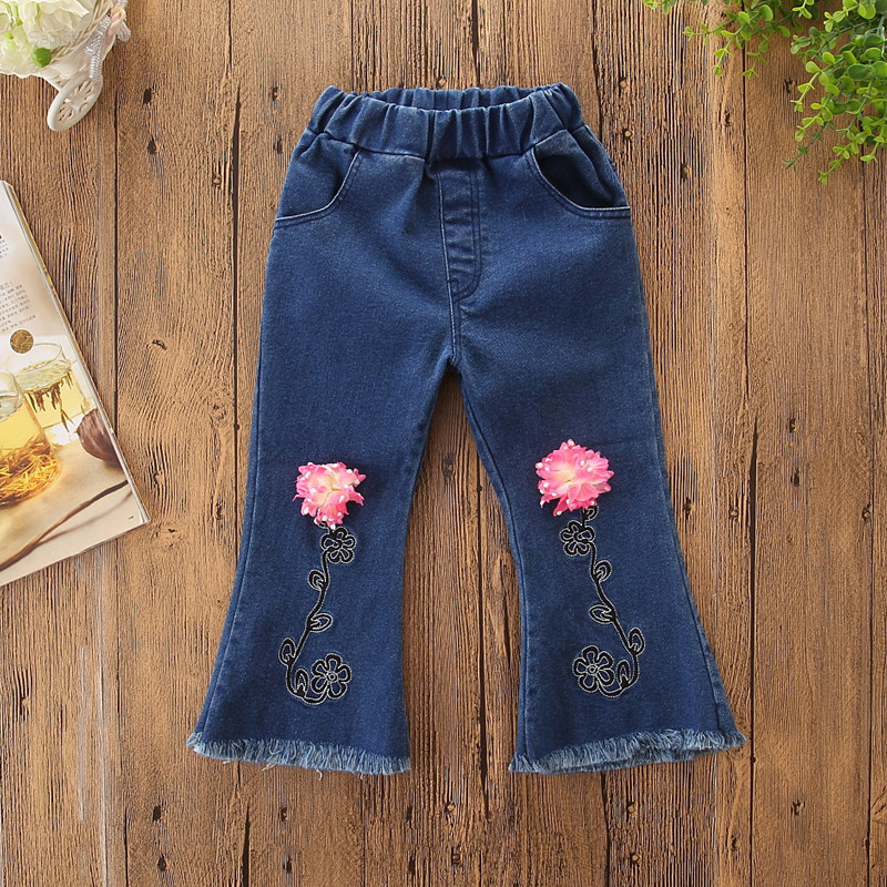 Girls Embroidery Pink Flowers Denim Jeans